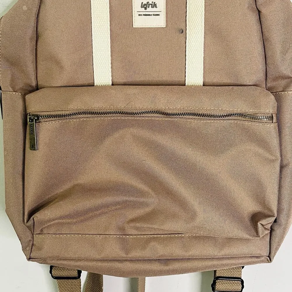 Lefrik Vegan Recycled Backpack Tote Khaki 12” x 13” x 3” Eco-Friendly Adjustable